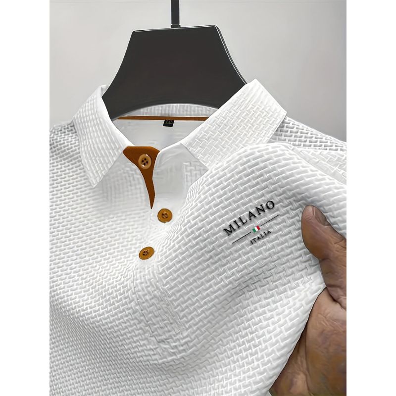 New With Short Sleeves, High-end Mesh Ice Silk Lett Print Short-sleeve T-shirt Men, Shirt Collar, Solid Color For_viptrois.com