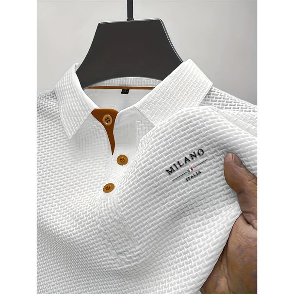New With Short Sleeves, High-end Mesh Ice Silk Lett Print Short-sleeve T-shirt Men, Shirt Collar, Solid Color For_viptrois.com