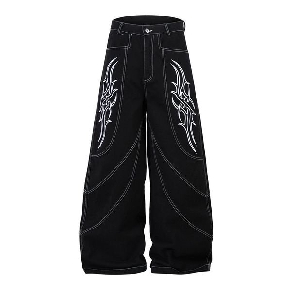 Unique Niche Flame Pattern Embroidered Jeans For Men Trendy Design Split Stitching Topstitch Wide-Leg Pants_viptrois.com