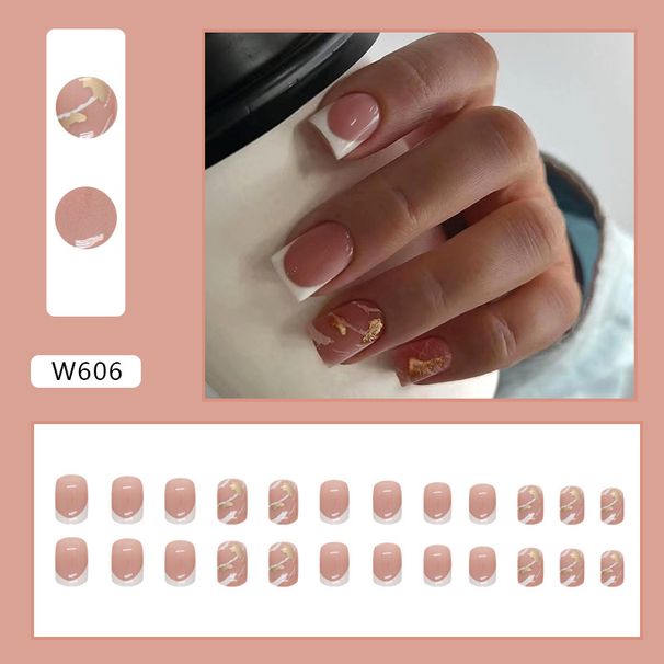 Short Simple White French Marble Gold Foil Nail Art Fashion European And American Wearable Nail Pieces_viptrois.com