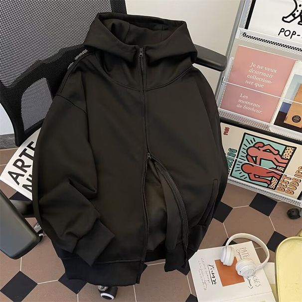 Autumn And Winter Retro Double Zipper Design Cardigan Hooded Sweatshirt Loose And Versatile Casual Jacket_viptrois.com