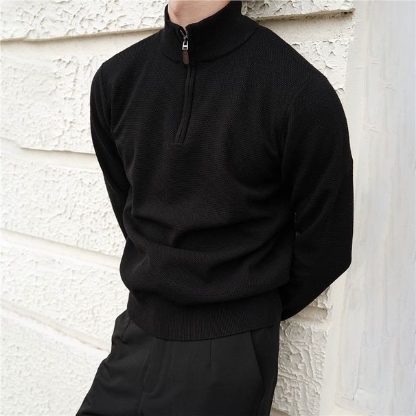 Pure American Retro Era Half-Zip Stand Pullover Half High Collar Red Edge Casual Men's Long Sleeve Knitted Sweater Trendy_viptrois.com