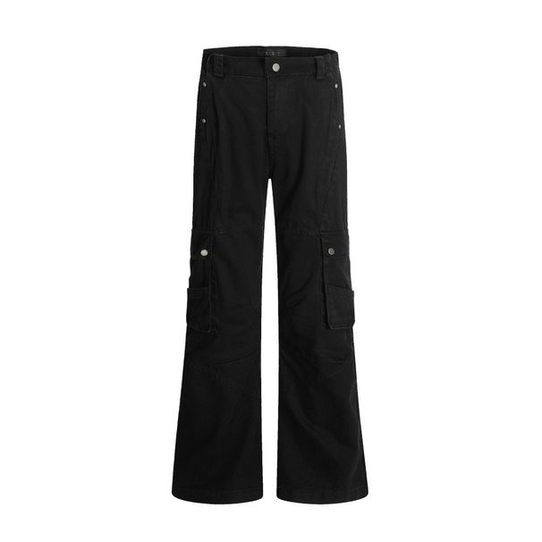 Vibe Trendy Brand Workwear Denim Flared Men's Multi-Pocket Design Deconstructed Split Vintage Washed Long Pants_viptrois.com
