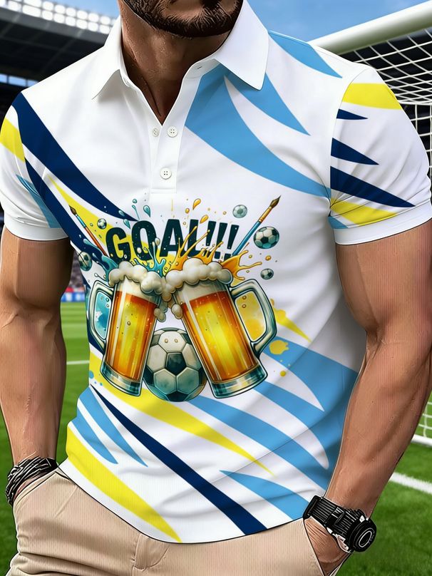Polo Uomo Taglio Dritto Traspirante Stampa Calcio Birra Color Block Righe, Colletto Manica Corta Estivo Casual Versatile Varie Taglie_viptrois.com