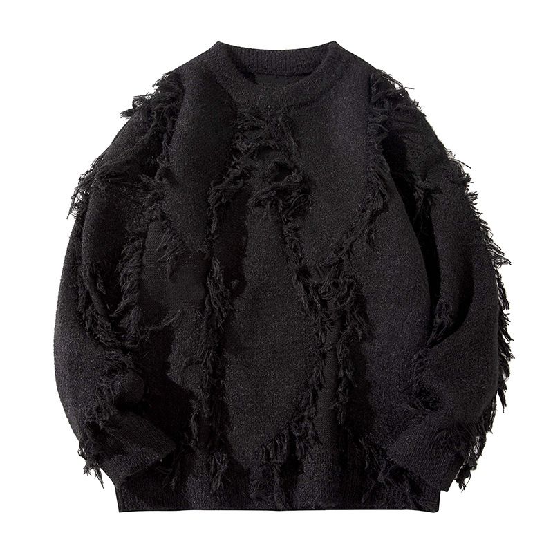 Men's Distressed Fringe Boho Sweater, Oversized Knit Pullover For Casual Streetwear, Loose Fit Crewneck Sweater For Autumn Winter_viptrois.com
