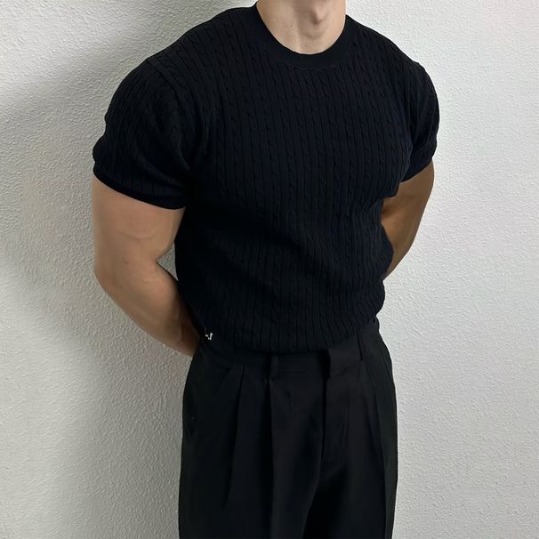 Men's Clothing Factory Direct Sales European And American Men's Sweaters New Men's Casual Solid Color Short Sleeved Knitted Tops Slim Trend_viptrois.com
