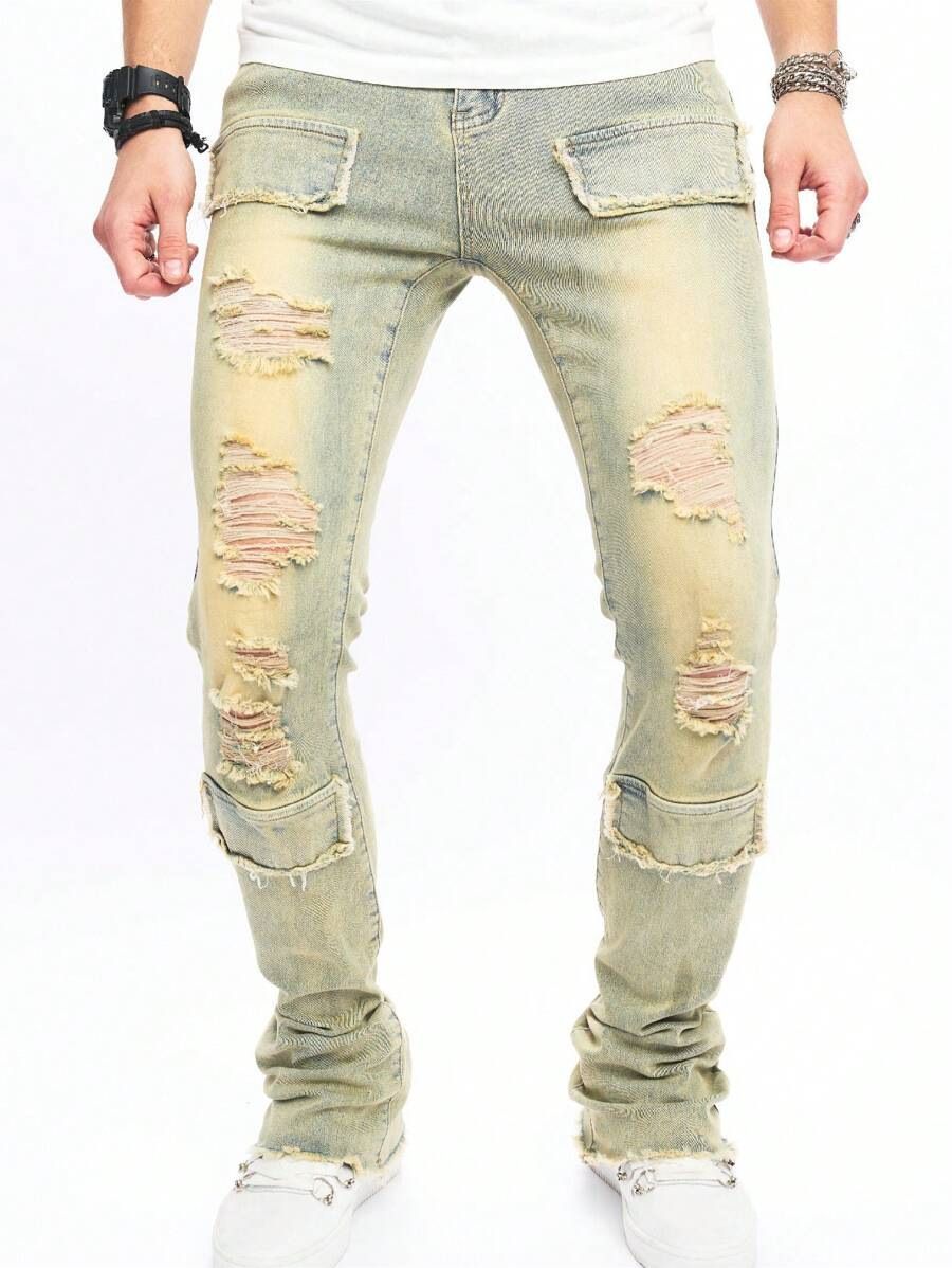 Men's Clothing High Quality Men's Ripped Jeans New Jeans Patch Ripped Slightly Elastic Real Business Denim Casual Pants_viptrois.com