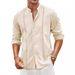 Men's Clothing Casual Button Summer Beach Vacation Cotton Linen Shirt Stand Collar_viptrois.com