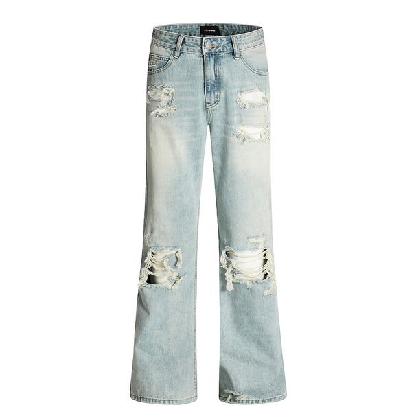 Wasteland Beggar Ripped Vibe Hippie Trend Vintage Gradient Washed Denim Flared Jeans Men's Long Pants_viptrois.com