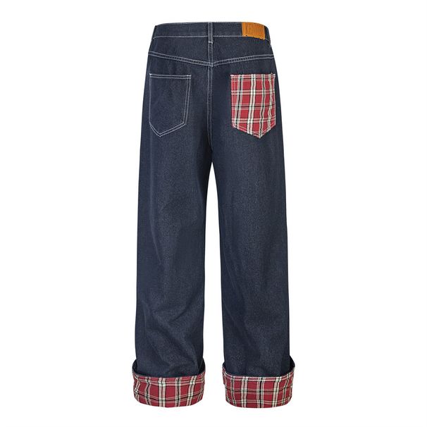 Color-Block Plaid Pocket Rolled Hem Denim Straight-Leg Men's Trendy Brand Design Sense Cuffed Niche Loose Wide-Leg Pants_viptrois.com