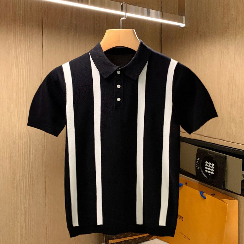Trendy High-end Short-sleeve Knitted Polo Shirt For Men, Lightweight Spring British Retro Color-block Striped Fashion_viptrois.com