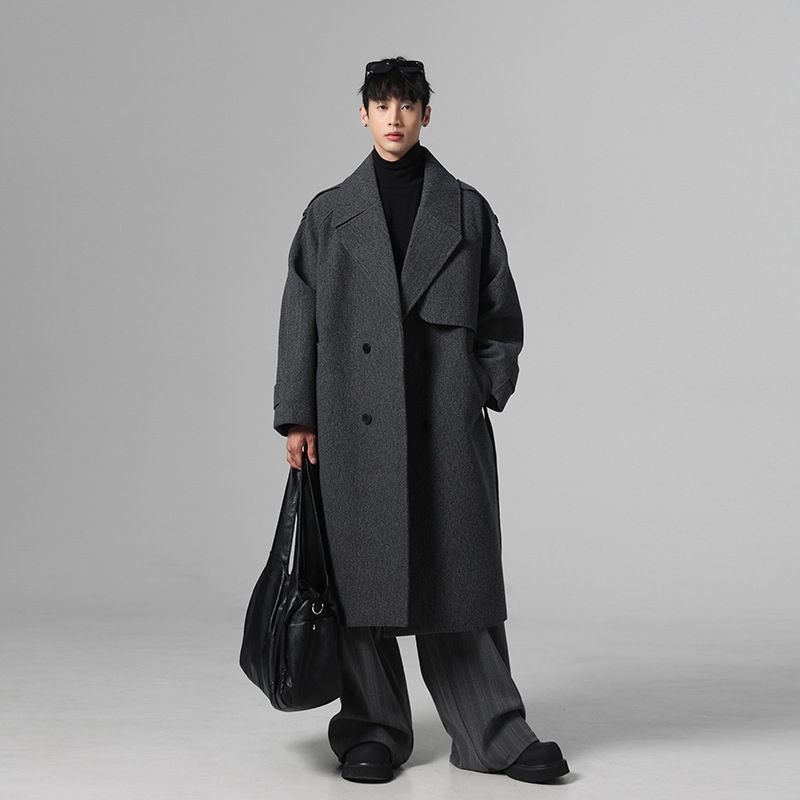 Autumn And Winter New Men's Long Loose Woolen Coat British Lapel Solid Color Trench Coat_viptrois.com