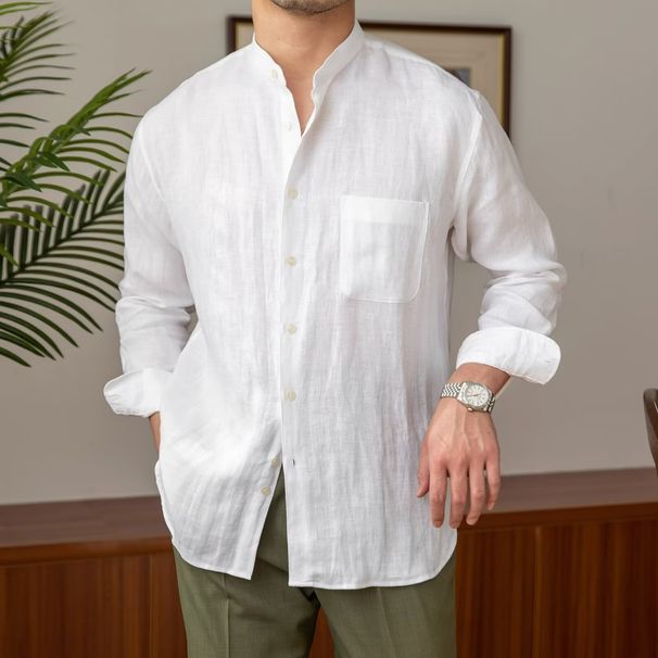 Loose Fitting Commuting Casual Breathable Long Sleeved Shirt Versatile Vacation Stand Up Collar Shirt Men's Henley Collar Top_viptrois.com