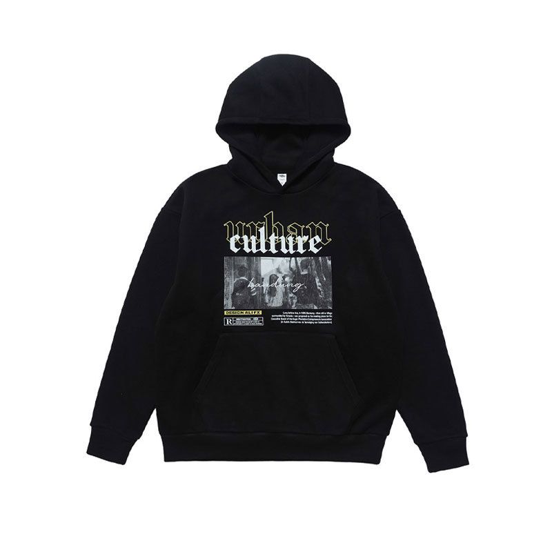 American High Street Style Letter Print Fleece-lined Autumn And Winter Hooded Sweatshirt, Trendy Loose-fitting_viptrois.com
