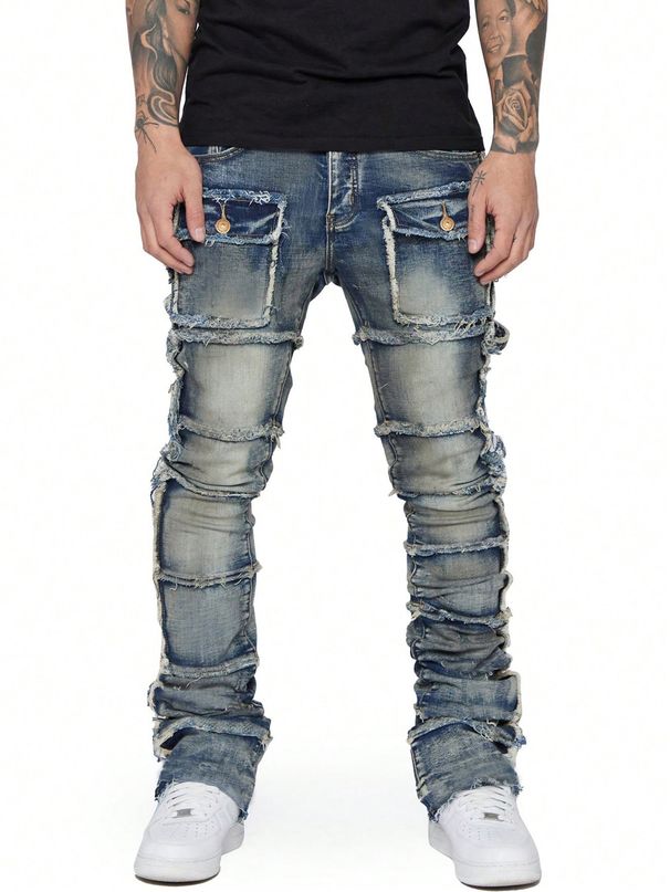 2026 Cargo Straight European And American Fashion Ins Hot Elastic Patchwork Denim Layered Flared Men's Pants_viptrois.com