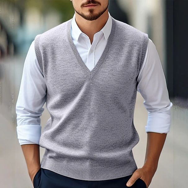 Men's Woolen Vest Casual Solid Color V Neck Sleeveless Knitted Sweater Pullover Four Seasons Vest Shirt Men_viptrois.com