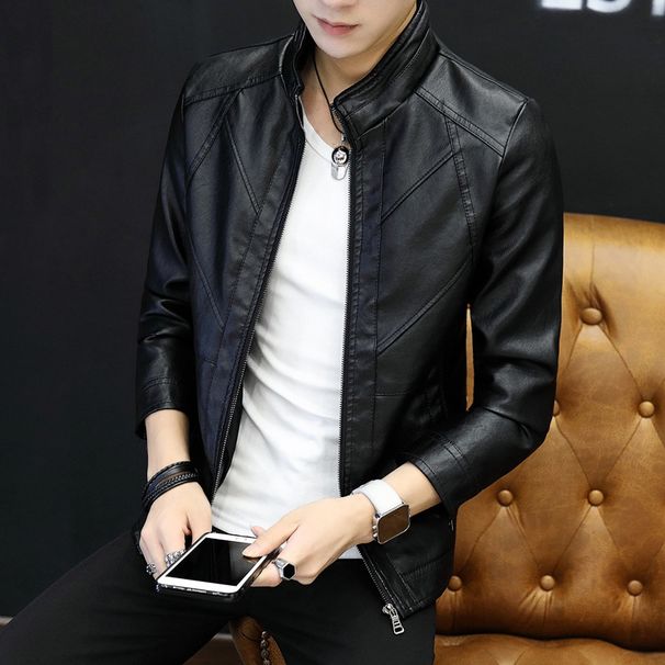 Men's Clothing Autumn and Winter Men's PU Leather Jacket Men's Thin Casual Men's Jacket Stand Collar Slim Leather Jacket Youth_viptrois.com