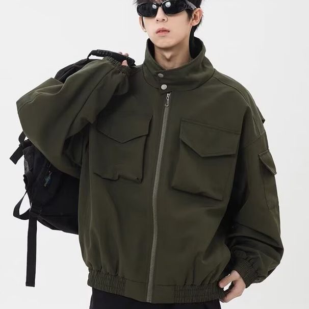 Light Cavalry Multi Pocket Workwear Jacket Men's Spring New Style Retro And Cool Trendy Brand Loose Standing Collar Jacket_viptrois.com