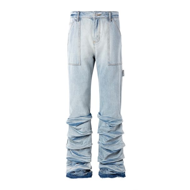 Hippie Trend Niche Denim Men's Washed Vintage Frayed Heavy Pleated Design Personality Flared Pants_viptrois.com