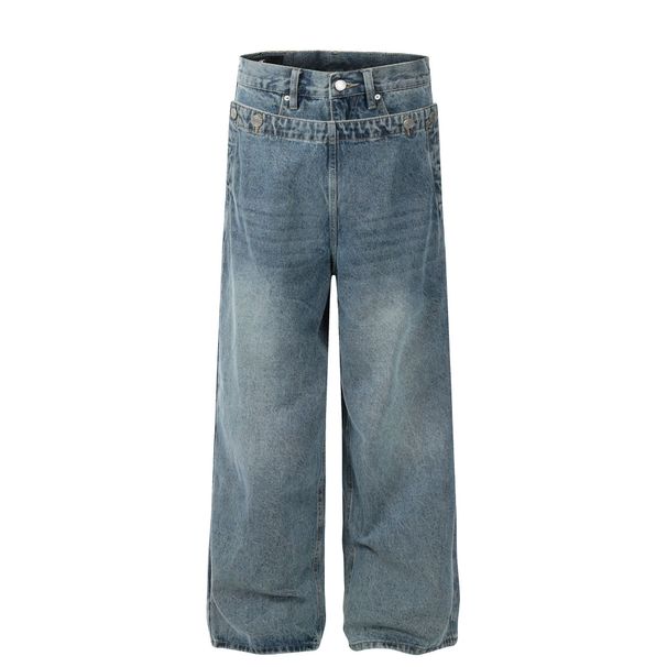Men's Clothing Street Fashion Trendy Neutral High End Blue Deconstructed Waist Design Loose Jeans_viptrois.com
