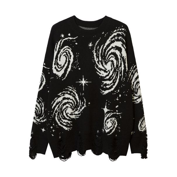 Y2K Retro Knit Sweater With Swirl Print & Distressed Details - Unisex Oversized Pullover For Men & Women_viptrois.com