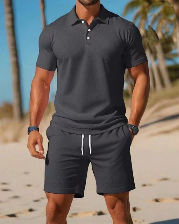 Men's Summer Casual Polo Shirt & Shorts Set - Breathable Mesh Fabric, Slim Fit, Stylish Sportswear For Outdoor Activities_viptrois.com