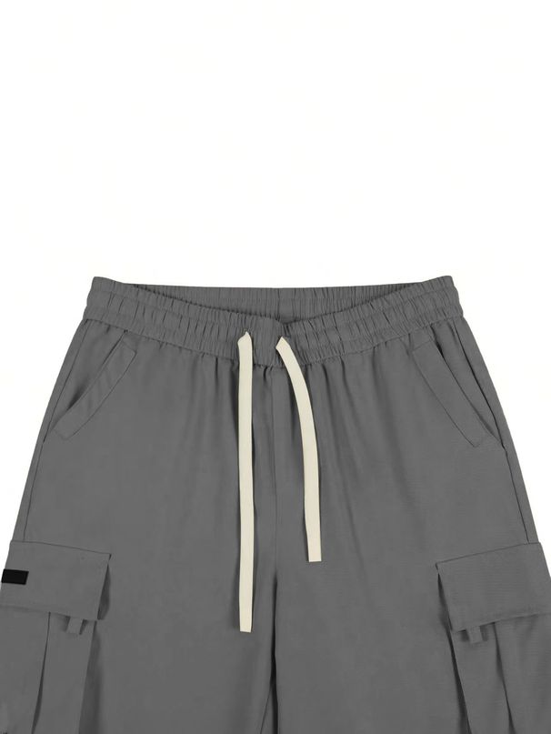 2025 Men's Solid Color Drawstring Elastic Waist Multi Pocket Straight Leg Five Quarter Shorts Work Casual Pants_viptrois.com
