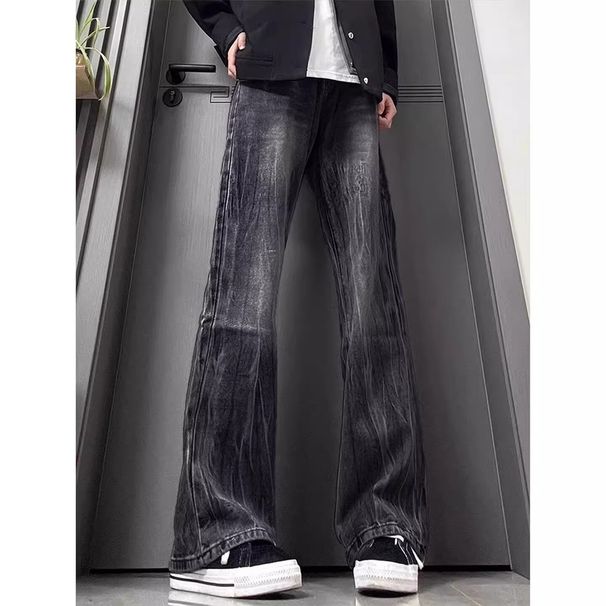 Men's Stylish Slim Fit Jeans Lightning Bolt Pattern Trendy Slightly Flared Straight Leg Trousers For Students_viptrois.com