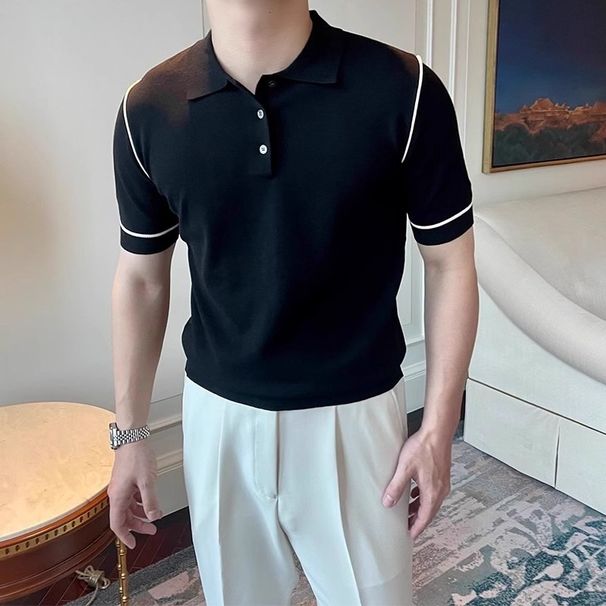 Men's Clothing Collared Knit Short Sleeved T Shirt Men's Slim Fit Collar Short Sleeve Knit T-Shirt – Contrast Trim, Breathable Cotton Blend For Summer_viptrois.com