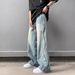 Retro Light Blue Men's Jeans High Street Hip Hop Stacked Design Straight Leg Loose Fit_viptrois.com