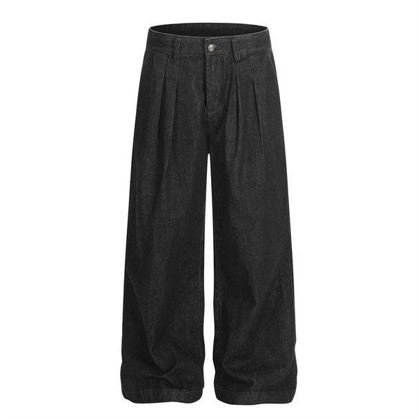 American Style Versatile Denim Wide-Leg Men's Dad Simple Design Double Pleats Loose Straight Long Pants_viptrois.com