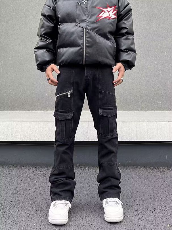 Men's Clothing High Street American Retro Digital PU Leather Patch Jeans Men And Women Trendy Loose Straight Wide Leg Trousers Trend_viptrois.com