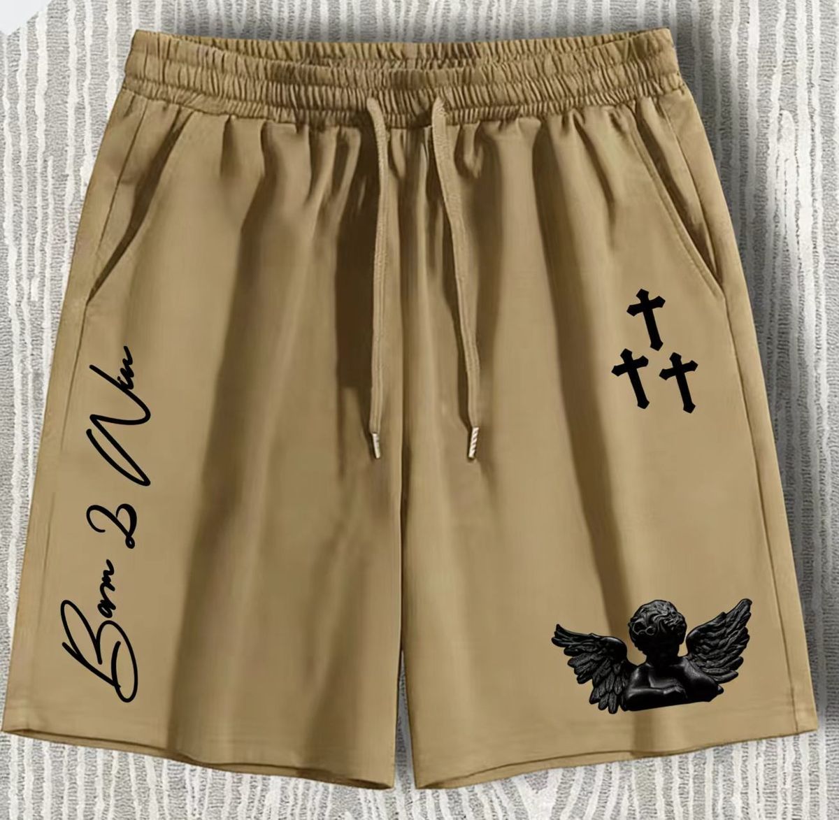 Unisex Casual Shorts Trendy Summer Street Style Loose Fit Angel Cross Print Men's Clothing Bottoms_viptrois.com