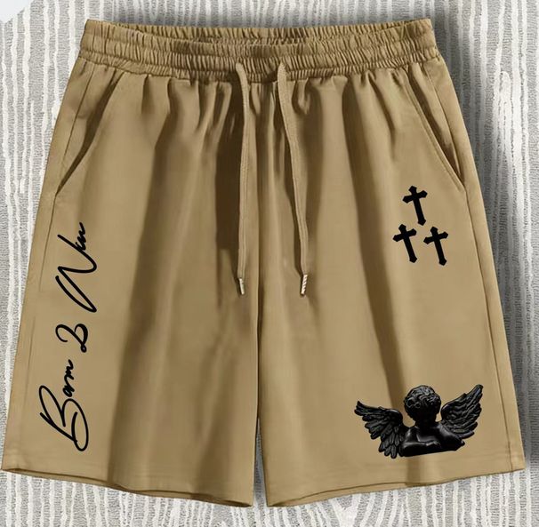 Unisex Casual Shorts Trendy Summer Street Style Loose Fit Angel Cross Print Men's Clothing Bottoms_viptrois.com