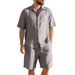 Men's Summer Linen Jacquard Shirt Shorts Set Striped Loose Fit Short Sleeved Beachwear For American Styles_viptrois.com