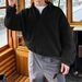Men's Classic V-Neck Pullover Sweatshirt – Solid Color Long Sleeve Polyester Top (S-XXL, Black/Yellow)_viptrois.com