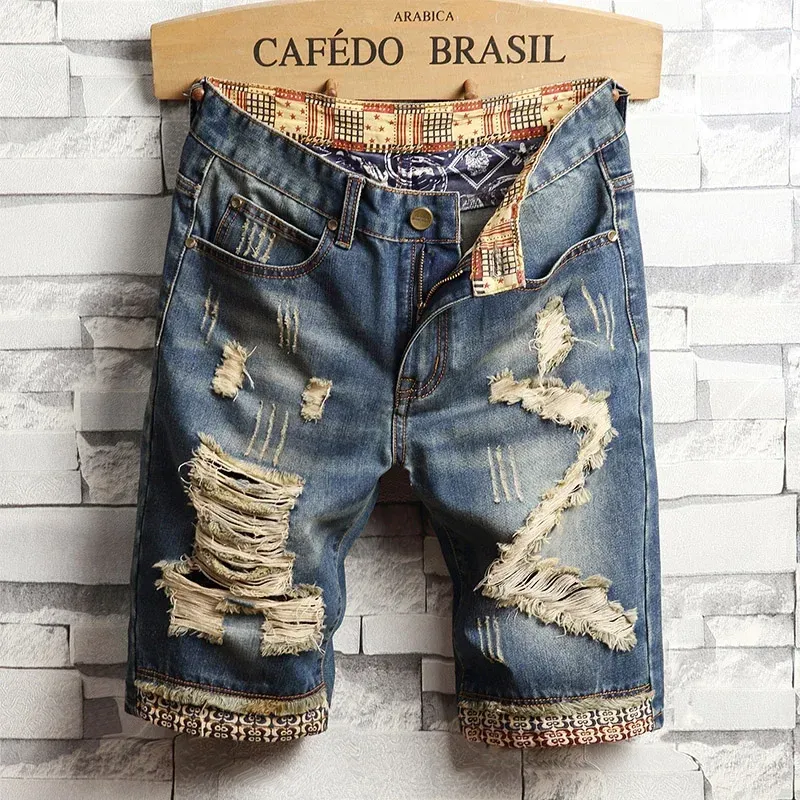 2025 Summer Clothing New Men Vintage Ripped Short Jeans Streetwear Fashion Hole Straight Thin Denim Shorts Male Brand Pants_viptrois.com