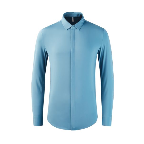 Men's Luxury Knit Long-Sleeve Shirt – Wrinkle-Free, Stretch Comfort, Retro Minimalist (Black/Lake Blue/Mint Green Options)_viptrois.com