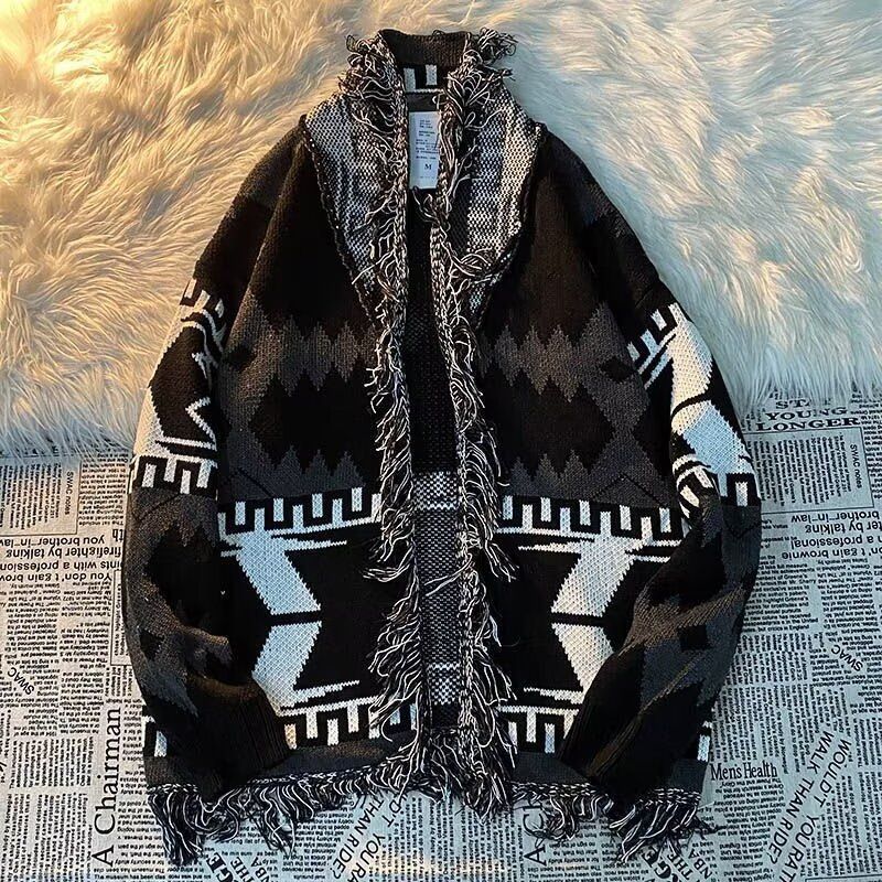 Men's Vintage Fringe Knit Cardigan (90s Grunge V-Neck Sweater Coat, Oversized Fit, Machine Washable, M-2XL, Distressed Tassel Details,)_viptrois.com