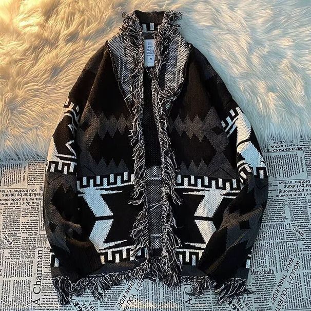 Men's Vintage Fringe Knit Cardigan (90s Grunge V-Neck Sweater Coat, Oversized Fit, Machine Washable, M-2XL, Distressed Tassel Details,)_viptrois.com