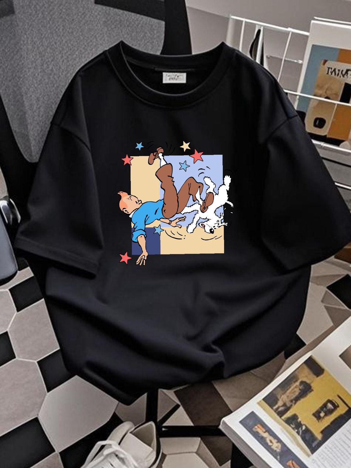 Vintage 90s Funny Tin Comic Series T Shirt XL 23x29 Cartoon Adventure Hergé Unisex Summer Stretched Homme Slightly Breathable Soft Casual_viptrois.com