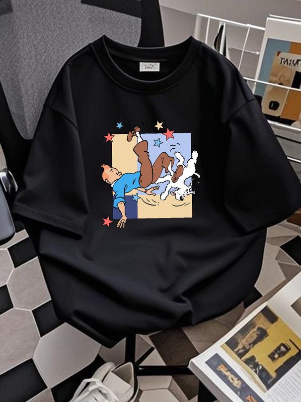 Vintage 90s Funny Tin Comic Series T Shirt XL 23x29 Cartoon Adventure Hergé Unisex Summer Stretched Homme Slightly Breathable Soft Casual_viptrois.com