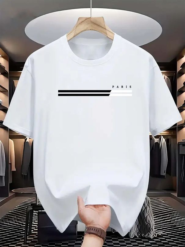 Men's Clothing Summer Loose Versatile Short Sleeved T Shirt Tops Paris Letter Print_viptrois.com