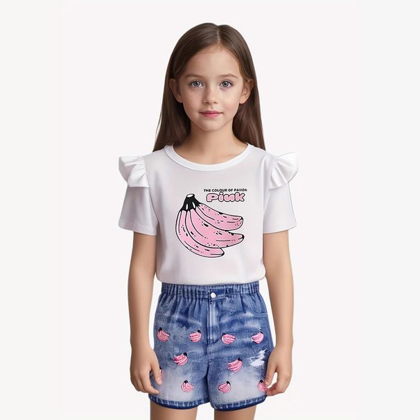 Mother & Kids INS Girls Fashion Denim & Banana Print Round Neck Short Sleeved T Shirt Set_viptrois.com