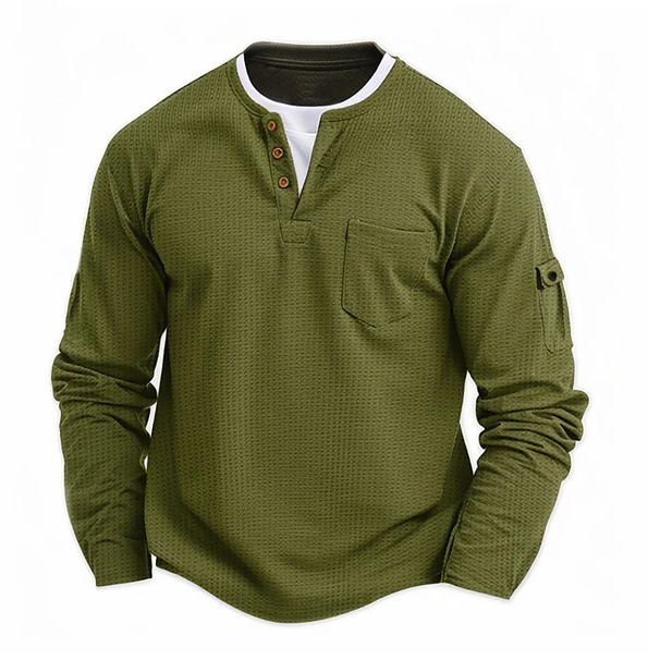 Men's T Shirt Fake Two Piece Double Layer Henry V Neck Fashion Stitching Large Size Bottoming Shirt Pocket Men's Long Sleeved T_viptrois.com