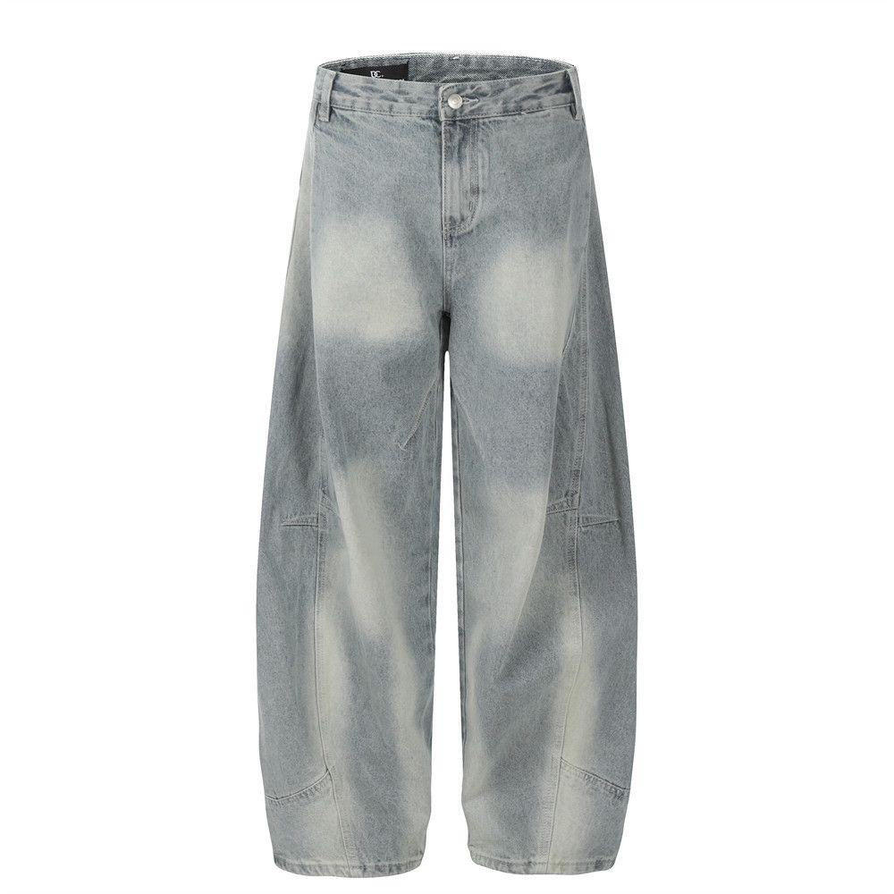 Tie-Dye Scimitar Curved Jeans Men's American Street Trendy Brand Loose Versatile Washed White Wide-Leg Long Pants_viptrois.com