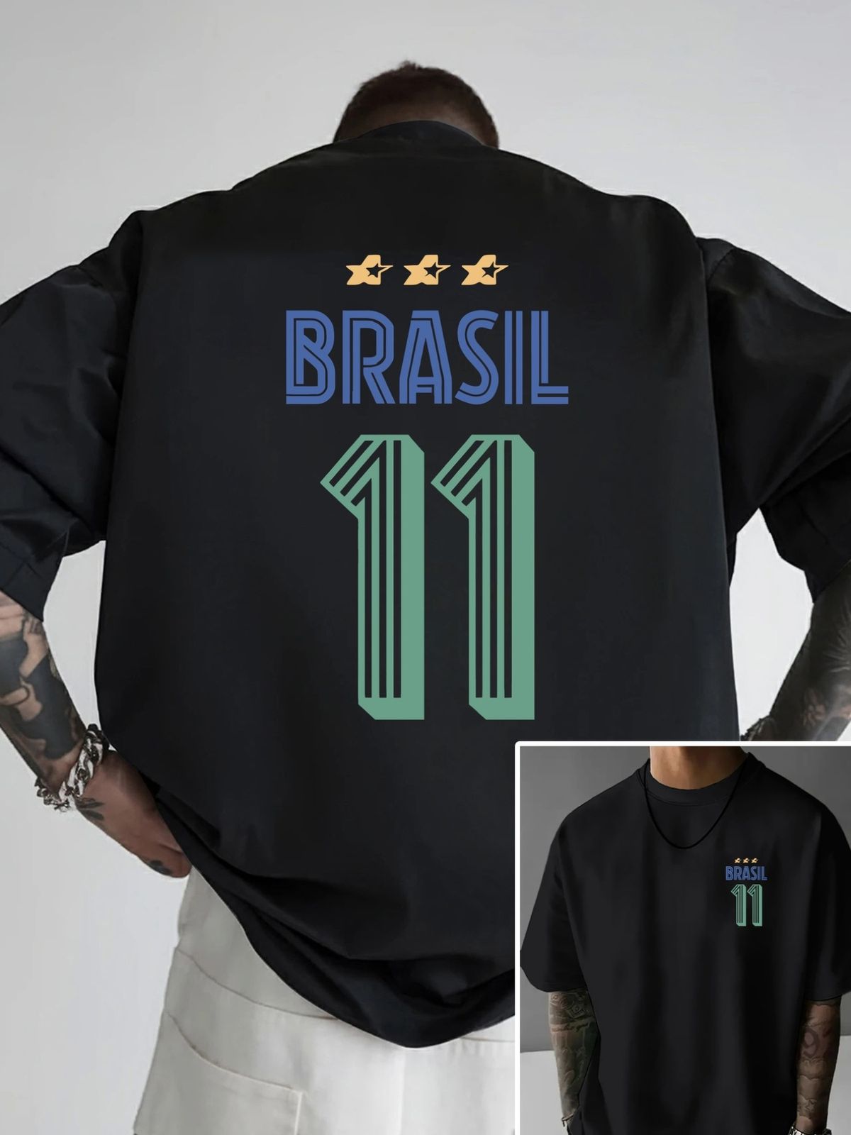 Maglietta Uomo Cotone 180g Tema Brasile Stampa Fronte Retro Spalle Morbide Tifosi Calcio Allenamento Quotidiano Vestibilità Regolare_viptrois.com