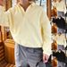 Men's Classic V-Neck Pullover Sweatshirt – Solid Color Long Sleeve Polyester Top (S-XXL, Black/Yellow)_viptrois.com
