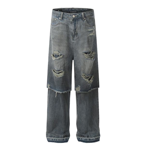 Two-Piece Patchwork Jeans For Men, Wasteland Washed, Distressed, Dirty, Heavy-Duty, Ripped, Frayed, Straight-Leg,_viptrois.com