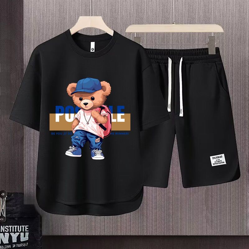 Men's Clothing 2024 Waffle Casual Summer Suit Men's Loose Teen Short sleeved T shirt Shorts Handsome Two piece Suit_viptrois.com